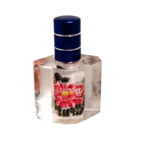 Vintage Hand-Painted Glass Perfume Bottle With Blue Cap Intricate Floral Design - Picture 3 of 6